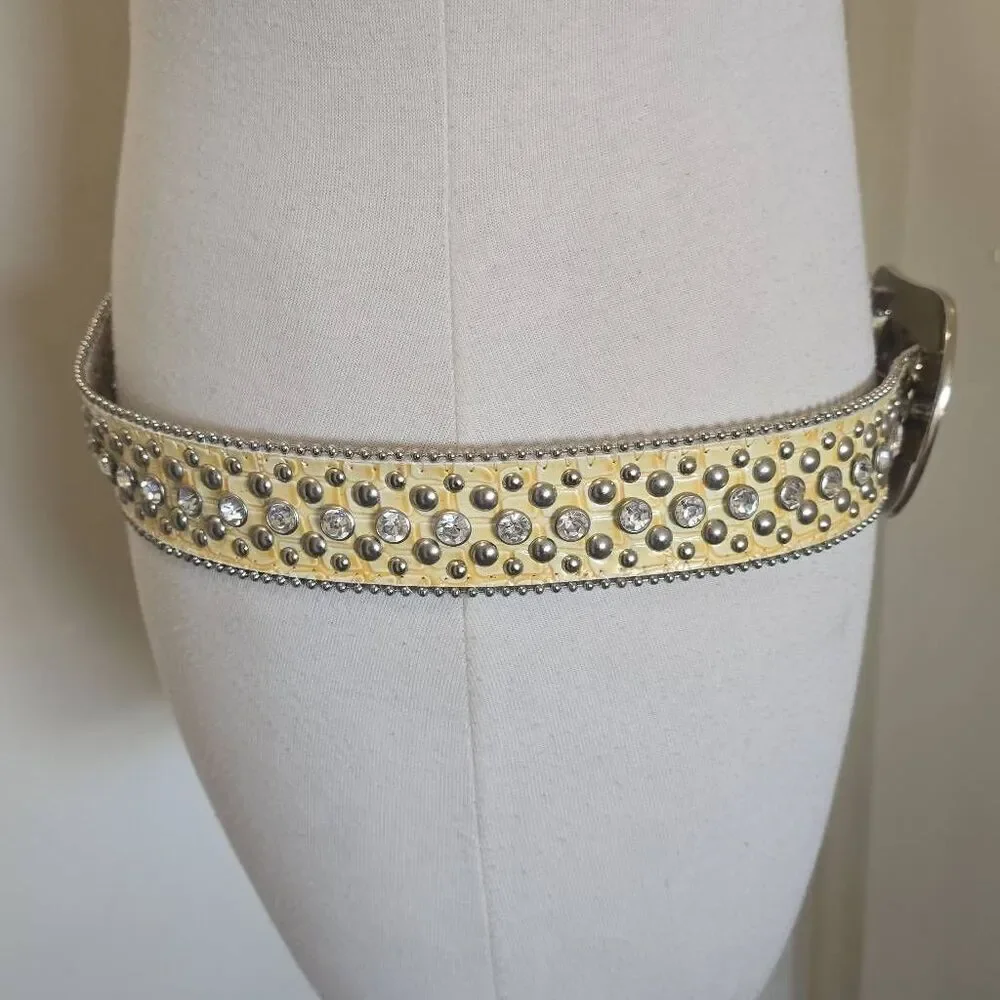 Ladies Western Rhinestone Horseshoe Bkl Yellow/Slvr Genuine Leather Belt, New ML